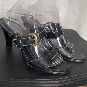 Franco Sarto, black leather sandal with brass equestrian style hardware 10